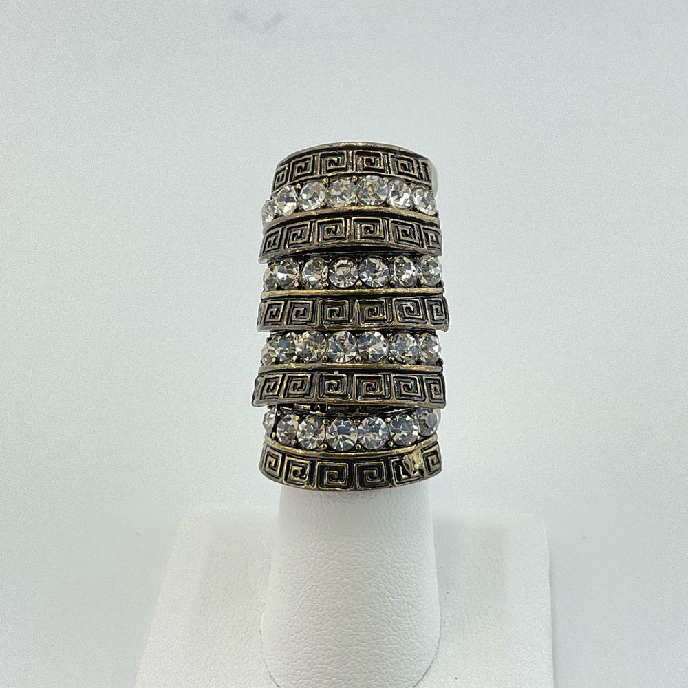 Gothic Cocktail Ring, Articulated Knuckle Ring, Antique Gold & Clear Crystals